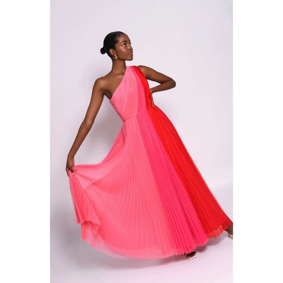 Anthropologie HUTCH Tarina Maxi Gown 2 One Shoulder Dress Pleat Tulle Colorblock - Picture 2 of 10